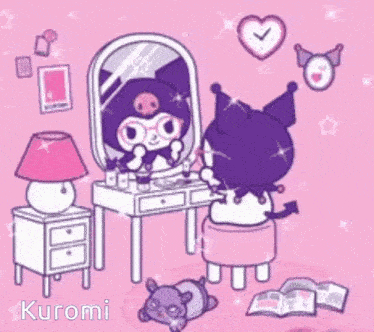 a cartoon of kuromi sitting in front of a mirror .