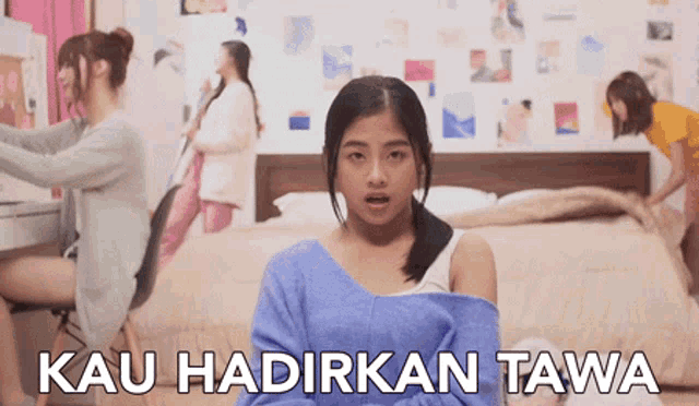 a girl sitting in front of a bed with the words kau hadirkan tawa on the bottom