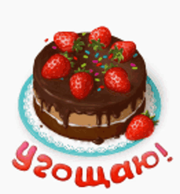 a chocolate cake with strawberries and sprinkles is on a blue plate with ygoucharo written on it