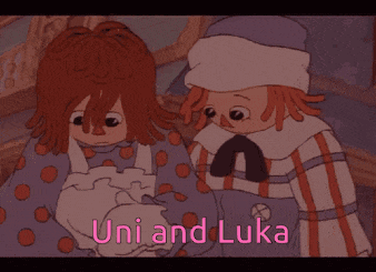 a cartoon of two dolls with the words uni and luka on the bottom
