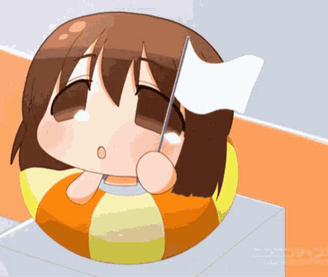 a cartoon of a girl holding a white flag with niconico channel in the corner
