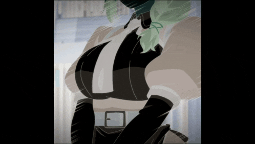 a woman with green hair is wearing a black and white top and black gloves