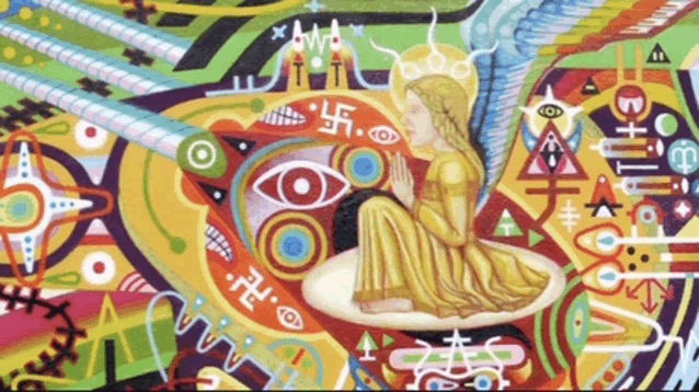 a painting of a woman in a yellow dress surrounded by symbols including a svastika