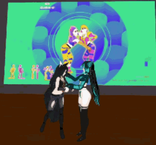 a cartoon of two women dancing in front of a screen that says " just dance "