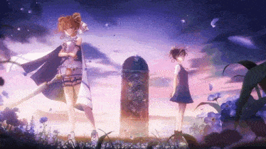 two anime girls standing next to each other in a field