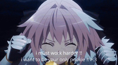 a picture of a girl with the words " i must work harder !! i want to be your only pookie !! > 3 "