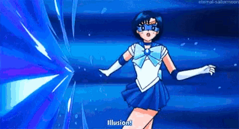 sailor mercury from sailor moon is wearing a mask and gloves and standing in front of a blue background .