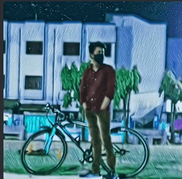 a man wearing a mask is standing next to a bike