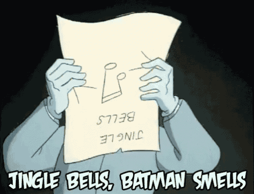 a cartoon of a man holding a piece of paper that says jingle bells