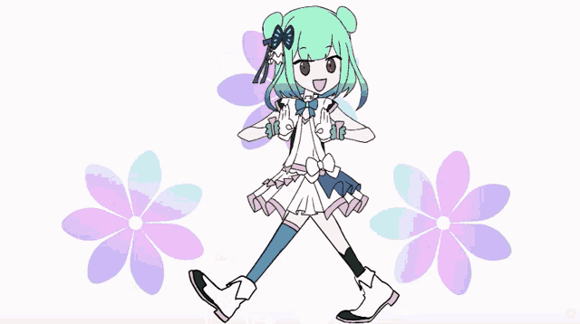 a drawing of a girl with green hair surrounded by pink flowers