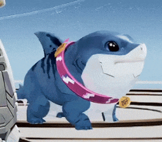 a blue shark with a pink collar and a yellow sign that says tuff