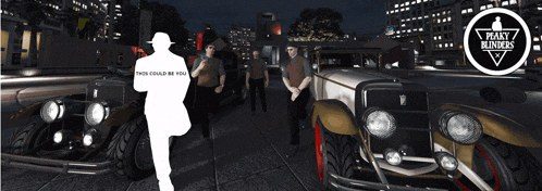 a poster for peaky blinders with a man standing in front of a car