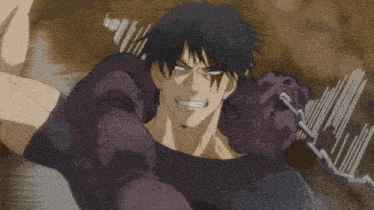 a man in a purple shirt is holding a chain in his hand