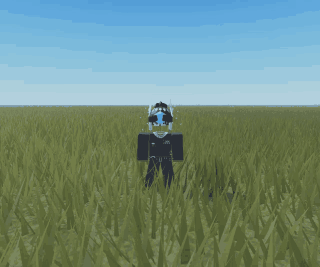 a roblox character standing in a grassy field with a blue skull on his head