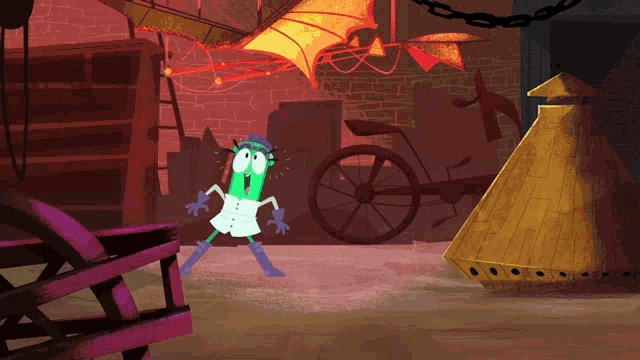 a cartoon character is standing in front of a brick building