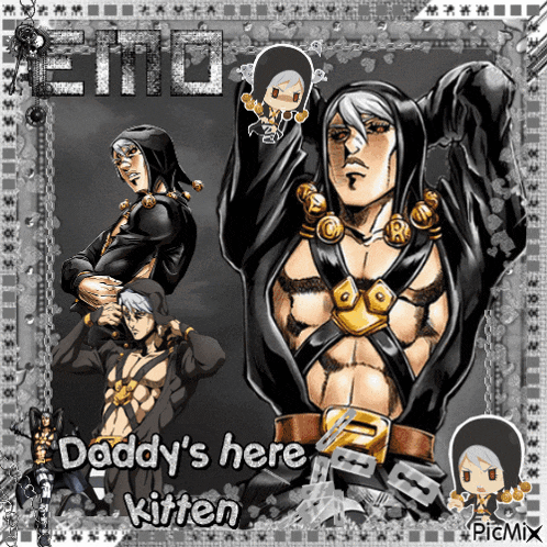 a picture of a cartoon character with the words daddy 's here kitten on it