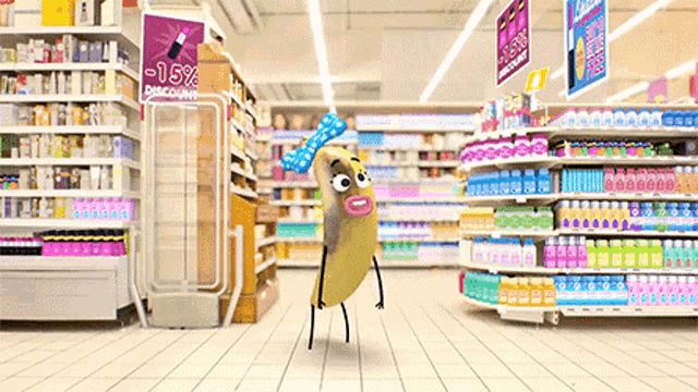 a cartoon character in a store with a sign that says -15 % discount on it