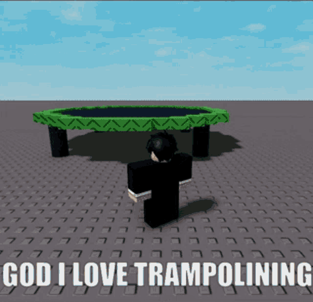 a video game character is jumping on a trampoline with the words god i love trampolining