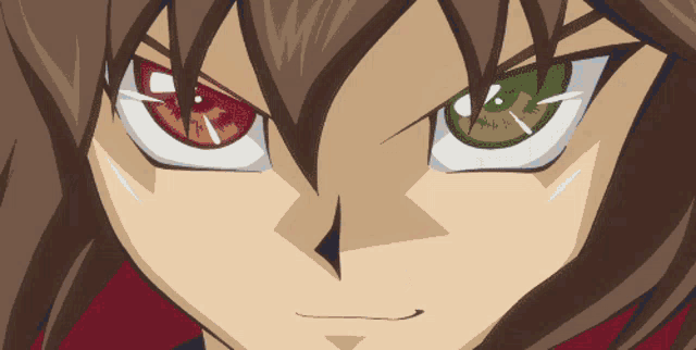 a close up of a anime character 's face with red and green eyes