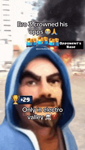 a man wearing a blue hoodie with the words bro 3 crowned his opps only in electro valley
