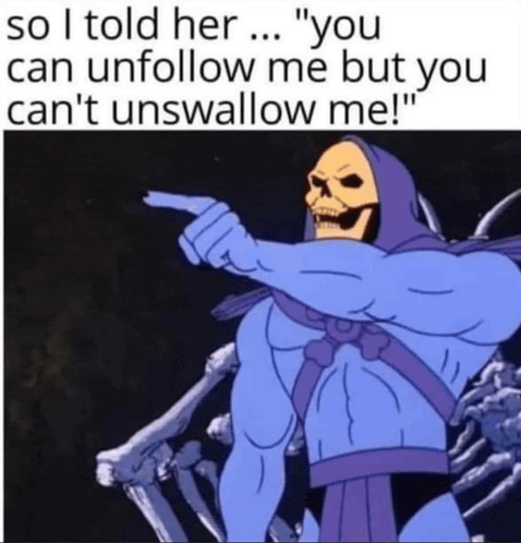 a cartoon of a skeletor pointing at someone with the caption " you can unfollow me but you can 't unswallow me