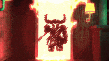 a drawing of a demon with horns and a sword