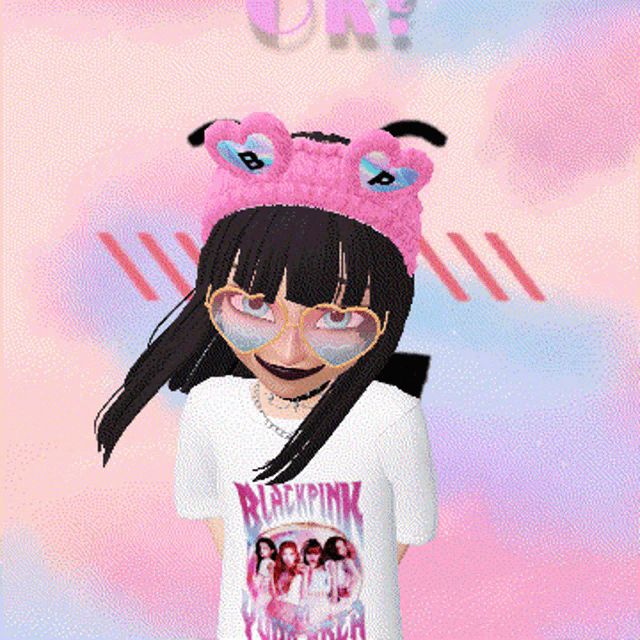 a girl wearing a blackpink t-shirt and a pink hat