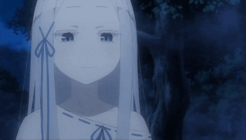 a girl with long white hair and a blue ribbon around her neck is smiling