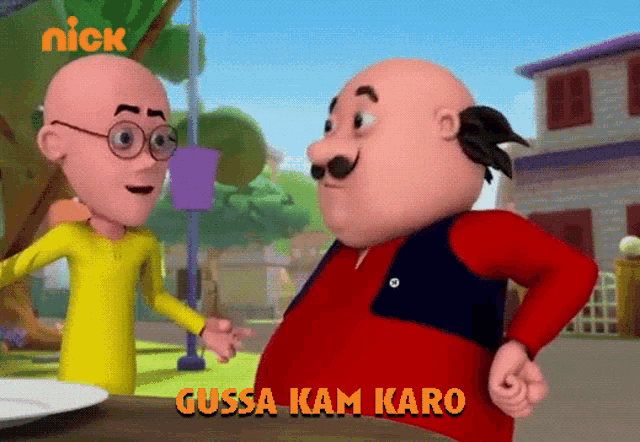 two cartoon characters are standing next to each other with the words gussa kam karo written on the bottom