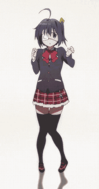 a girl wearing glasses and a plaid skirt is standing on a white background