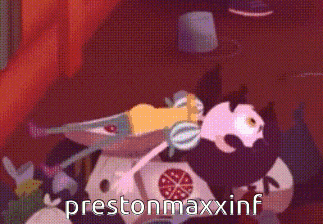 a cartoon character is laying on a pile of pizza boxes and the name prestonmaxxinf is on the bottom right
