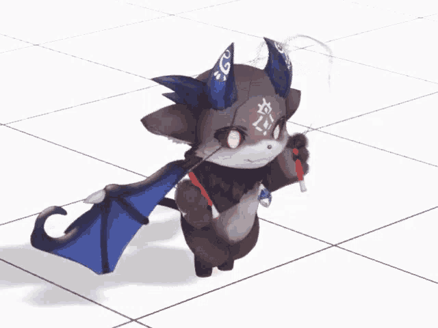 a cartoon character with horns and a tail is holding a blue umbrella