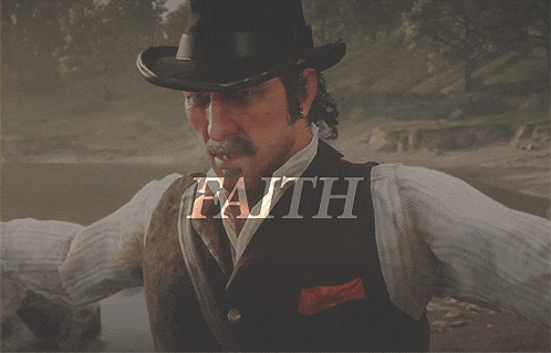 a man wearing a hat and vest is standing in front of a body of water and the word faith is above him