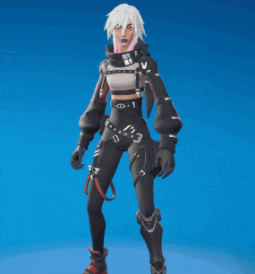 a woman with white hair is wearing a black outfit with a hood .