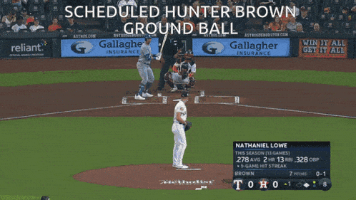 a scheduled hunter brown ground ball is shown on a baseball field