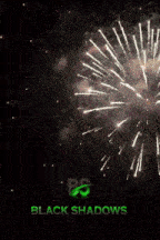 a fireworks display with the words black shadows on the bottom right