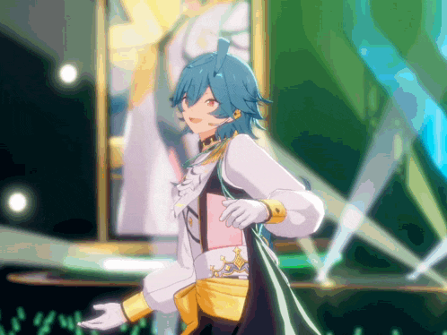 a girl with blue hair and white gloves stands in front of a picture