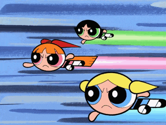 the powerpuff girls are flying through the air with a blue background