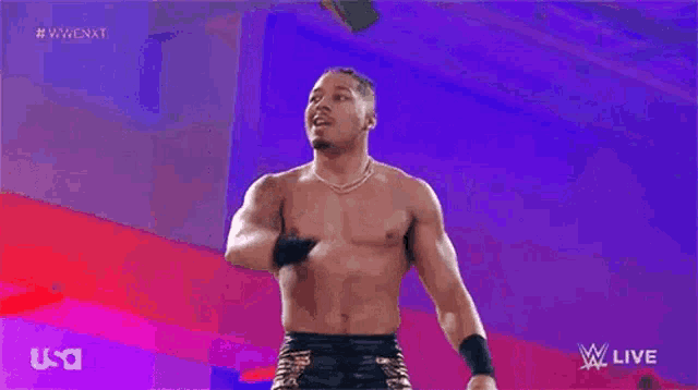a shirtless wrestler is standing in front of a purple background .