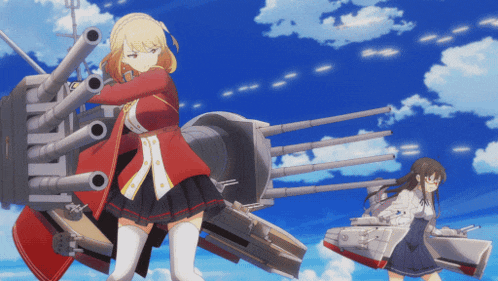 a girl in a red coat is standing in front of a large military ship