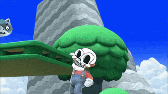 a cartoon character with a skull on his head stands next to a tree
