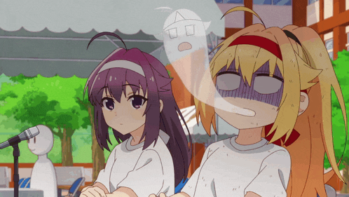 a girl with purple hair and a girl with blonde hair are standing next to each other with a ghost behind them