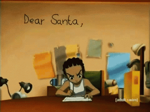 a cartoon character is writing a letter to dear santa