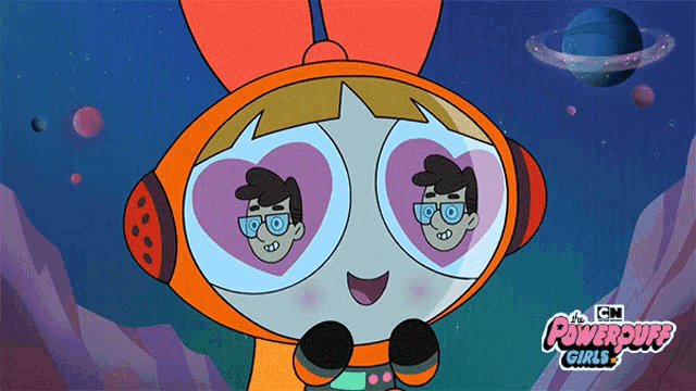 a cartoon character from the powerpuff girls has a heart shaped eye