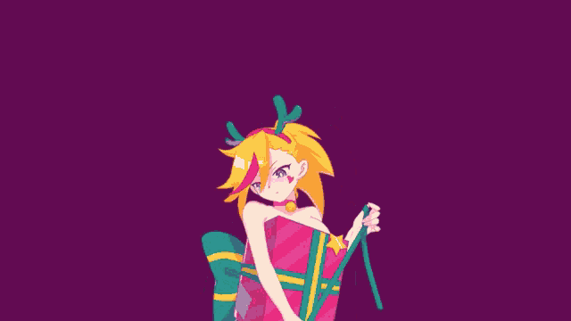 a girl with antlers is holding a pink gift box
