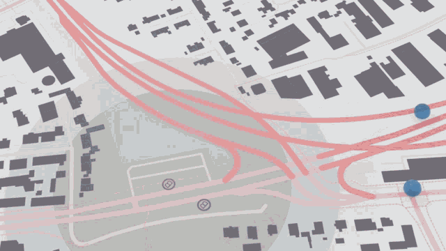 a map of a city shows a large blue object in the middle