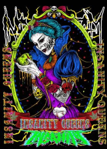 a poster for insanity queens featuring a skeleton holding an apple