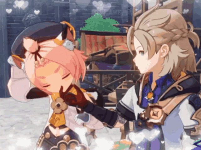 a couple of anime characters standing next to each other with hearts floating around them