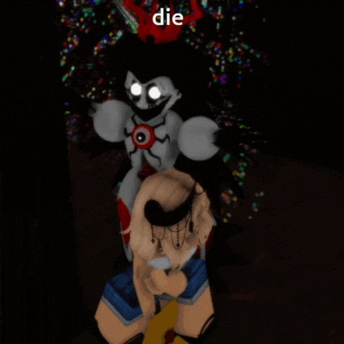 a girl standing next to a cartoon character with the word die above her head