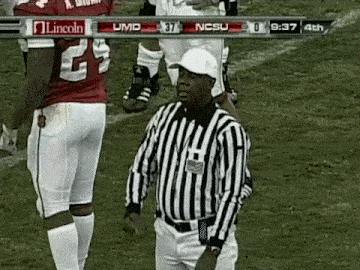 a referee stands on the field during a football game